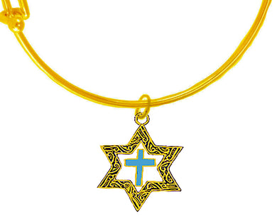 Messianic 14KT Goldtone Antique Star Of David, With A Turquoise Cross On A Adjustable Miracle Wire Bracelet. It Will Fit Everyone. What A Great Gift For Yourself Or Someone Special. Gift Ready Comes In A Small Black Velvet Bag