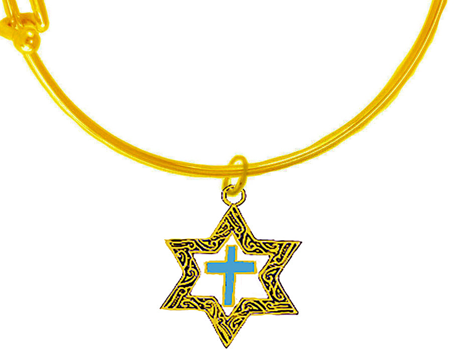 Messianic 14KT Goldtone Antique Star Of David, With A Turquoise Cross On A Adjustable Miracle Wire Bracelet. It Will Fit Everyone. What A Great Gift For Yourself Or Someone Special. Gift Ready Comes In A Small Black Velvet Bag