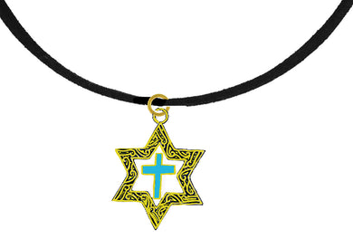 Messianic 14KT Goldtone Antique Star Of David With A Turquoise Cross On A Genuine Black Suede Necklace. Will Fit Everyone. What A Wonderful Gift For Yourself, Or Someone Special.  Gift Ready Comes In A Small Black Velvet Bag.