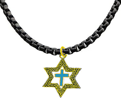 Messianic 14KT Goldtone Antique Star Of David, With A Turquoise Cross On A Adjustable Anodized Black Box Chain. It Will Fit Everyone.What A Great Gift For Yourself Or Someone Special. Gift Ready Comes In A Small Black Velvet Bag