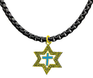 Messianic 14KT Goldtone Antique Star Of David, With A Turquoise Cross On A Adjustable Anodized Black Box Chain. It Will Fit Everyone.What A Great Gift For Yourself Or Someone Special. Gift Ready Comes In A Small Black Velvet Bag