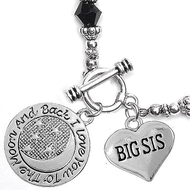 Big Sis, I Love You to The Moon and Back Jet Crystal Charm Bracelet, Hypoallergenic, Safe, Nickel, Lead & Cadmium Free.