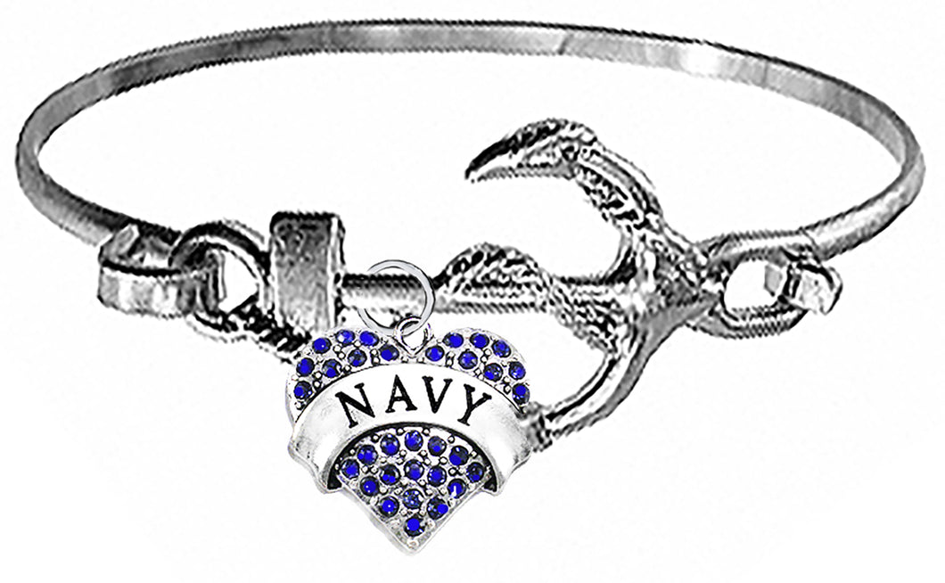 Navy On A Silvertone Anchor Cuff Bracelet. Genuine Azure Blue Austrian Cut Crystal Heart Charm. What A Wonderful Gift For Yourself, Or Someone Special. Gift Ready, Comes In A Black Velvet Bag.