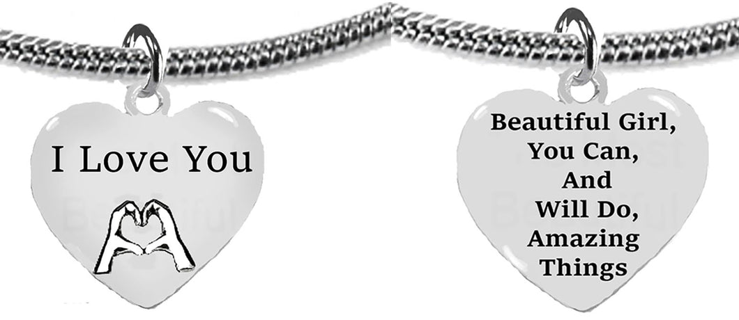 I Love You, Fingers In The Shape Of A Heart,Side One, Beautiful Girl, You Can And Will Do Amazing Things, Side Two On A Adjustable Silvertone Snake Chain Necklace, Gift Ready Comes In A Small Black Velvet Bag. Handmade.