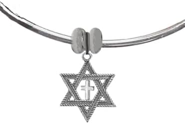 Messianic, Christian, Jewish Silvertone Star Of David, Polished Cross, Adjustable Silvertone Bangle Bracelet, Removable Ends, You Can Add Charms Without A Tool. No Nickel, Lead, or Cadmium In The Metal, Hypoallergenic-Safe, No Nickel