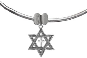 Messianic, Christian, Jewish Silvertone Star Of David, Polished Cross, Adjustable Silvertone Bangle Bracelet, Removable Ends, You Can Add Charms Without A Tool. No Nickel, Lead, or Cadmium In The Metal, Hypoallergenic-Safe, No Nickel