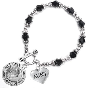 Aunt I Love You to The Moon and Back Jet Crystal Charm Bracelet, Hypoallergenic, Safe, Nickel, Lead & Cadmium Free.