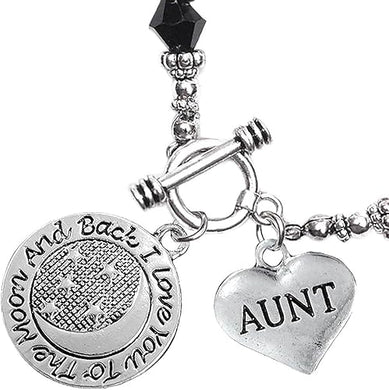 Aunt I Love You to The Moon and Back Jet Crystal Charm Bracelet, Hypoallergenic, Safe, Nickel, Lead & Cadmium Free.