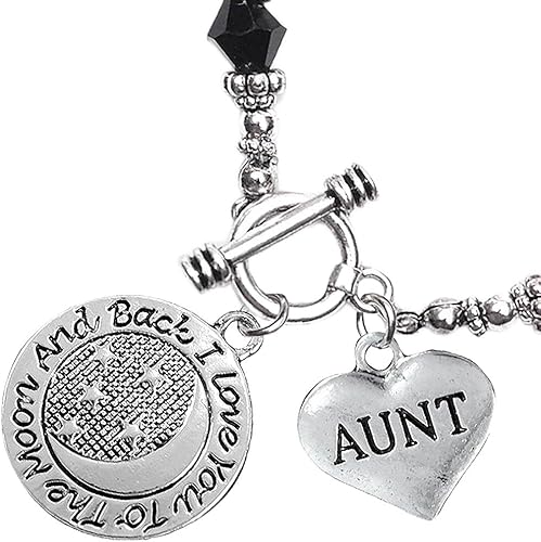 Aunt I Love You to The Moon and Back Jet Crystal Charm Bracelet, Hypoallergenic, Safe, Nickel, Lead & Cadmium Free.