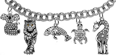 Tiger, Koala Bear, Manatee ,Sea Turtle, Giraffe, Endangered Animals, All Over The World, Sterling Silver Finish With Overcoat Protection Shield™, Genuine Crystal, Adjustable Rolo Chain Bracelet, Hypoallergenic-Safe No Nickel,Lead, Or Cadmium