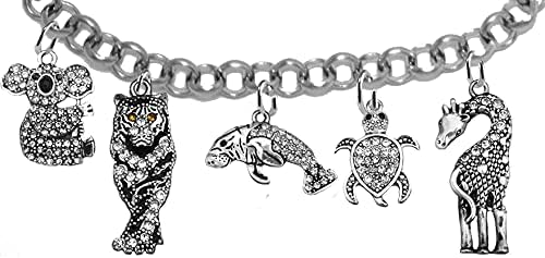 Tiger, Koala Bear, Manatee ,Sea Turtle, Giraffe, Endangered Animals, All Over The World, Sterling Silver Finish With Overcoat Protection Shield™, Genuine Crystal, Adjustable Rolo Chain Bracelet, Hypoallergenic-Safe No Nickel,Lead, Or Cadmium