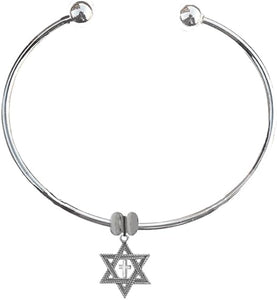 Messianic, Christian, Jewish Silvertone Star Of David, Polished Cross, Adjustable Silvertone Bangle Bracelet, Removable Ends, You Can Add Charms Without A Tool. No Nickel, Lead, or Cadmium In The Metal, Hypoallergenic-Safe, No Nickel