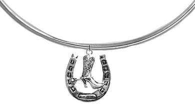 New Exciting Fashion Western Style, The Western Choker Necklace With A Cowgirl Boot Inside A Horseshoe, Silvertone, What A Wonderful Gift For Yourself, Or Someone Special. Made In The USA