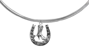 New Exciting Fashion Western Style, The Western Choker Necklace With A Cowgirl Boot Inside A Horseshoe, Silvertone, What A Wonderful Gift For Yourself, Or Someone Special. Made In The USA