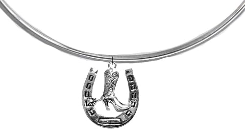 New Exciting Fashion Western Style, The Western Choker Necklace With A Cowgirl Boot Inside A Horseshoe, Silvertone, What A Wonderful Gift For Yourself, Or Someone Special. Made In The USA