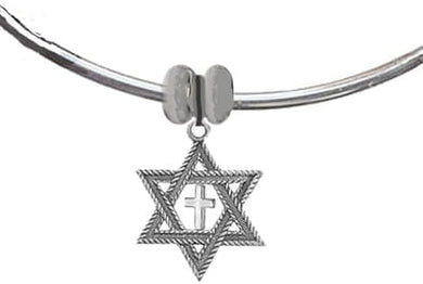 Messianic, Christian, Jewish Silvertone antique Star Of David With Polished Cross On A Adjustable Bangle Bracelet, Removable Ends, You Can Add Charms Without A Tool. No Nickel, Lead, or Cadmium