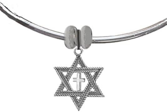 Messianic, Christian, Jewish Silvertone antique Star Of David With Polished Cross On A Adjustable Bangle Bracelet, Removable Ends, You Can Add Charms Without A Tool. No Nickel, Lead, or Cadmium