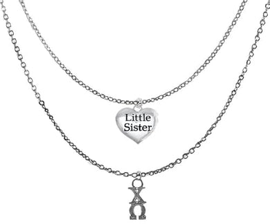 Chi Omega Silvertone Double Chain Fashion Necklace, Adjustable From 18 Inches To 21 Inches. What A Great Gift For Yourself, Or A Little Sister. Hypoallergenic, Licensed Sorority Jewelry ©2024