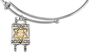 Messianic, Yeshua, Holy,Holy, Holy, Antique Silvertone Torah (Bible) With A 14KT Goldtone Star of David And Cross On A Adjustable Silvertone Miracle Wire Bracelet. The Torah Is The Five Books Of Moses