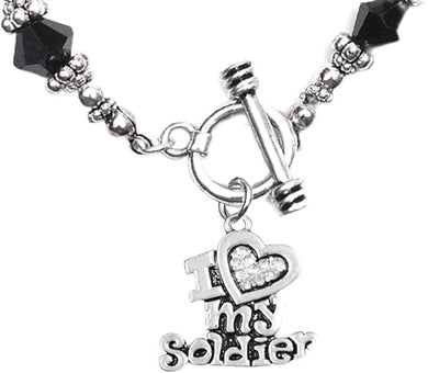 Army, I Love My Soldier, Black Crystal Bracelet Hypoallergenic, Safe-Nickel, Lead, Cadmium Free