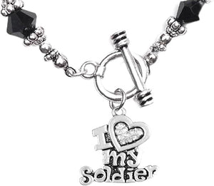 Army, I Love My Soldier, Black Crystal Bracelet Hypoallergenic, Safe-Nickel, Lead, Cadmium Free
