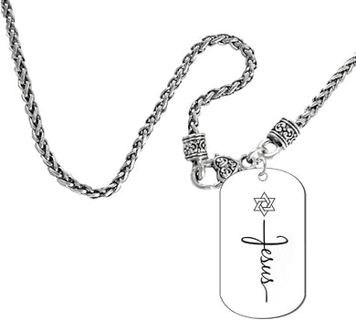Messianic Dog Tag With Star Of David Over Jesus, On A Antique Wheat Chain Necklace, Hypoallergenic-Safe, No Nickel, Lead, or Cadmium In The Metal ©2023, Large, Silver, Carnelian