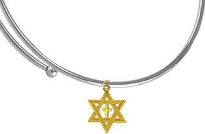 Messianic, Christian, Antique 14KT Goldtone Star Of David, Goldtone Polished Cross On A Adjustable Silvertone Miracle Wire Bracelet, Will Fit Everyone, Hypoallergenic-Safe, No Nickel, Lead, or Cadmium In The Metal