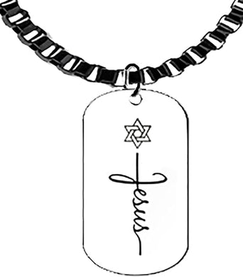 Messianic Adjustable Dog Tag With Star Of David Over Jesus In The Form Of A Cross, Black Anodized Box Chain, Hypoallergenic-Safe, No Nickel, Lead, or Cadmium In The Metal ©2023