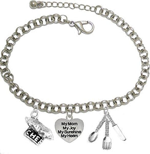 Cooking Jewelry, My Mom, My Joy, My Sunshine, My Heart, Chef Hat, Silverware, Adjustable Bracelet, Hypoallergenic, Safe-Nickel, Lead, Cadmium Free