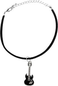 Black Guitar On Black Suede Adjustable Bracelet, Hypoallergenic Safe-Nickel, Lead And Cadmium Free