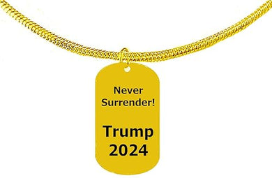 NEVER SURRENDER Trump 2024 on a 14KT Goldtone Adjustable Snake Chain Necklace. What A Great Gift For Yourself, A Friend, Or Family Member. Hypoallergenic-Safe,No Nickel,No Lead,Or Cadmium In The Metal