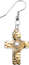 Christian Cross, Two Tone Matt Gold and Silver, Faux Pearl Fishhook Earrings Hypoallergenic, Safe-Nickel, Lead, And Cadmium Free
