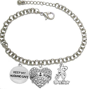Navy Wife, I Love My Sailor, Keep My Husband Safe, Adjustable Hypoallergenic, Safe-Nickel, Lead, Cadmium Free