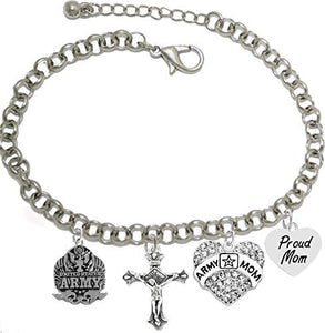 Proud Army Mom Heart Bracelet, Hypoallergenic, Will NOT Irritate Anyone with Sensitive Skin. Safe- Nickel, Lead and Cadmium Free
