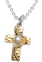 Christian Cross, Two Tone Matt Gold and Silver, Faux Pearl Necklace, Adjustable, Hypoallergenic, Safe-Nickel, Lead, and Cadmium Free