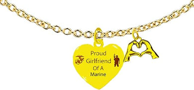 Marine, Proud Girlfriend Of A Marine, Finger Heart, I Love You, On A Adjustable 14KT Goldtone Cable Chain Necklace. What A Great Gift For Yourself,Or Someone Special.Handmade In The USA By Veterans