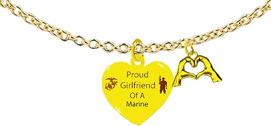 Marine, Proud Girlfriend Of A Marine, Finger Heart, I Love You, On A Adjustable 14KT Goldtone Cable Chain Necklace. What A Great Gift For Yourself,Or Someone Special.Handmade In The USA By Veterans