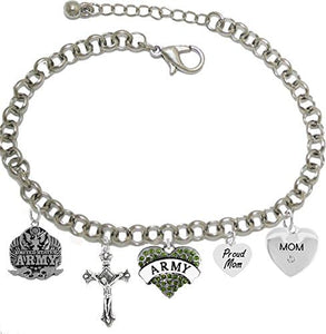 Proud Army Mom Heart Bracelet, Hypoallergenic, Will NOT Irritate Anyone with Sensitive Skin. Safe- Nickel, Lead and Cadmium Free