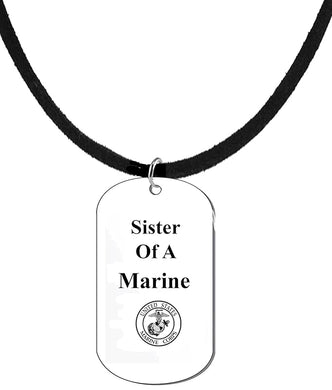 Sister Of A Marine Dog Tag On A Genuine Black Suede Necklace. 18-21 Inches. What A Great Gift For Yourself, Or Somebody Special. Beautiful Premium Quality, Silvertone Finish. Hypoallergenic-Safe