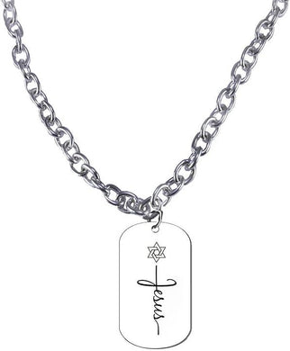 Messianic Men's Dog Tag With Star Of David Over Jesus, Large Toggle Chain, Hypoallergenic-Safe, No Nickel, Lead, or Cadmium In The Metal ©2023, Large, Silver, Carnelian