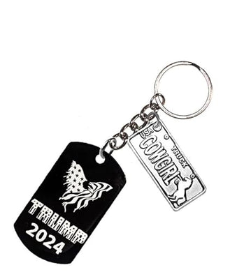 Trump 2024 Flying Flag Eagle Dog Tag, With COWGIRL Truck License Plate Attached Keychain, What Great Gift For Yourself, Or Someone Special. Gift Ready Comes In A Black Velvet Bag