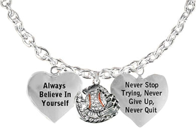 Men's Necklace Crystal Baseball In Glove, Never Stop Trying, Never Give Up Hypoallergenic