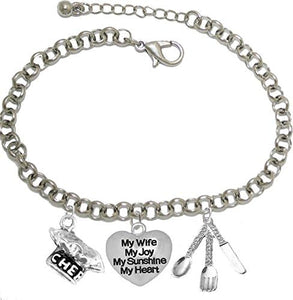 Cooking Jewelry, My Wife, My Joy, My Sunshine, My Heart, Chef Hat, Silverware, Adjustable Bracelet, Hypoallergenic, Safe-Nickel, Lead, Cadmium Free