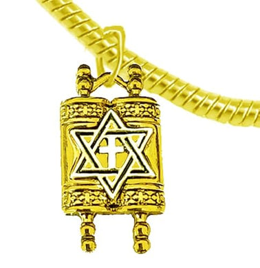 Messianic, Yeshua, Holy, Holy, Holy, 14KT Antique Goldtone Torah (Bible) With A Silvertone Star of David And Cross On A Adjustable Goldtone Snake Chain Bracelet. The Torah Is The Five Books Of Moses.
