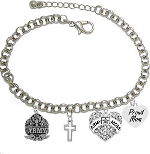 Proud Army Mom Heart Bracelet, Hypoallergenic, Will NOT Irritate Anyone with Sensitive Skin. Safe- Nickel, Lead and Cadmium Free