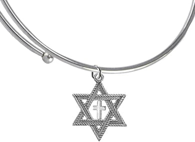 Messianic, Christian, Jewish Antique Silvertone Star Of David And Polished Cross On A Adjustable Silvertone Miracle Wire Bracelet, Will Fit Everyone, Hypoallergenic-Safe, No Nickel, Lead, or Cadmium, Large, Silver, Carnelian