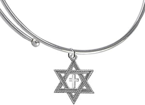 Messianic, Christian, Jewish Antique Silvertone Star Of David And Polished Cross On A Adjustable Silvertone Miracle Wire Bracelet, Will Fit Everyone, Hypoallergenic-Safe, No Nickel, Lead, or Cadmium, Large, Silver, Carnelian
