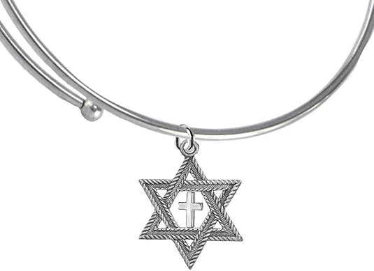 Messianic, Christian, Jewish Antique Silvertone Star Of David And Polished Cross On A Adjustable Silvertone Miracle Wire Bracelet, Will Fit Everyone, Hypoallergenic-Safe, No Nickel, Lead, or Cadmium, Large, Silver, Carnelian