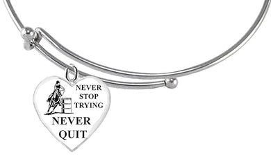 Barrel Racing, Never Stop Trying, Never Quit, Adjustable Miracle Wire Bracelet. What A Wonderful Gift For Yourself, Or Someone Special. Gift Ready, Comes In A Black Velvet Bag. Hypoallergenic