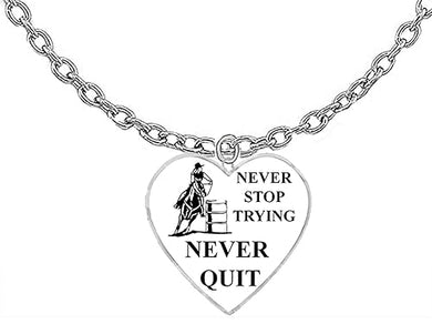 Barrel Racing, Never Stop Trying, Never Quit, Adjustable Cable Chain Necklace. Hypoallergenic. What A Wonderful Gift For Yourself, Or Someone Special. Gift Ready, Comes In A Black Velvet Bag